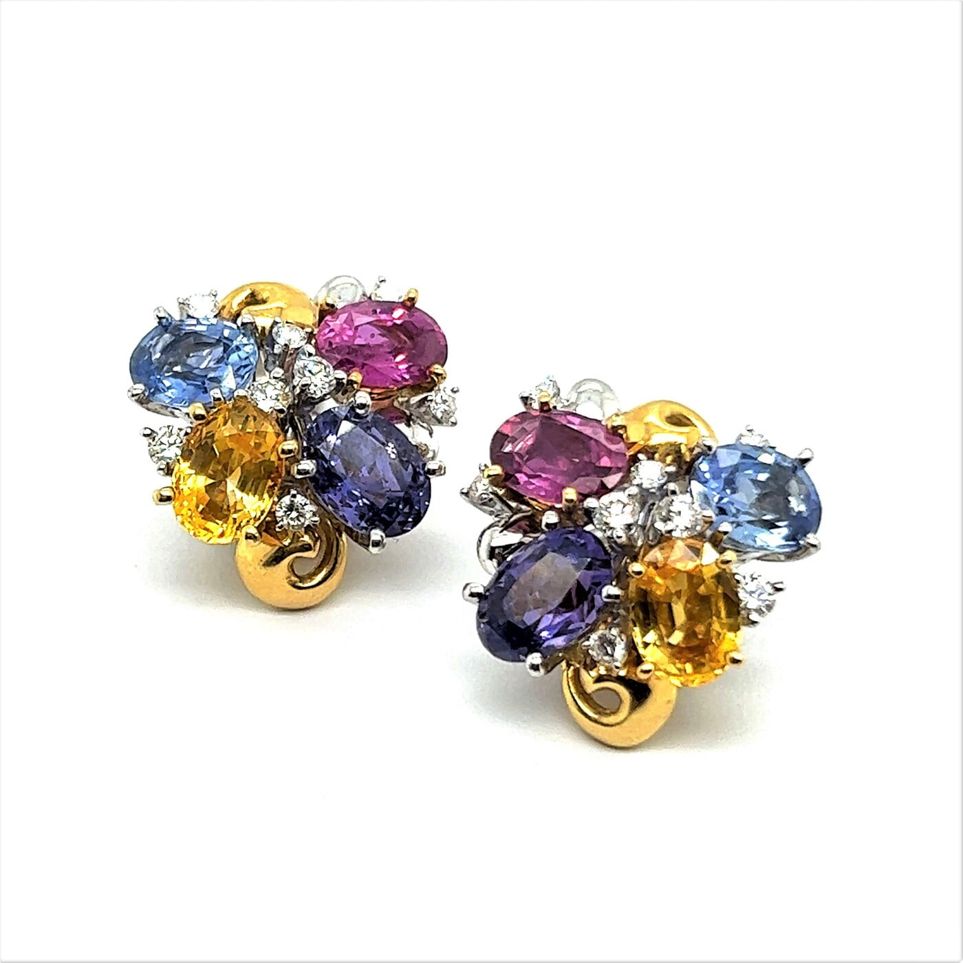 Playful Multi-Colored Sapphire Earrings in 18 Karat White and Yellow Gold Playful Multi-Colored Sapphire Earrings in 18 Karat White and Yellow Gold