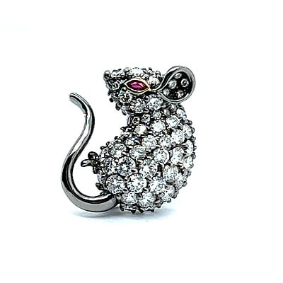 Cute Diamond Mouse Brooch in 18 Karat Blackened White Gold