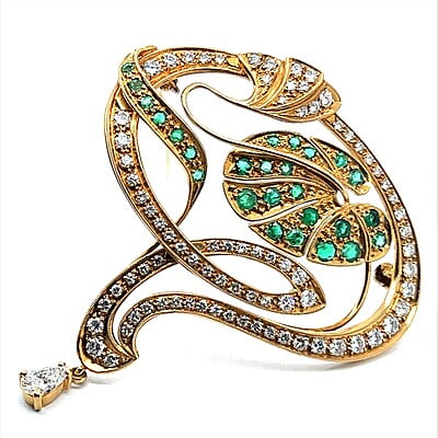 Charming Brooch in 18 Karat Yellow Gold with Emeralds and Diamonds