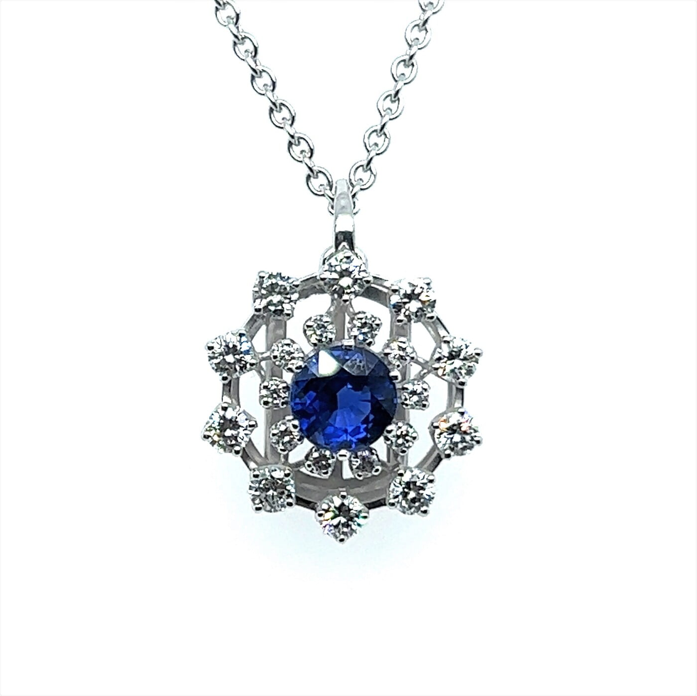 Adorable Snowflake Pendant in 18K White Gold with Natural Sapphire and Diamonds Adorable Snowflake Pendant in 18K White Gold with Natural Sapphire and Diamonds