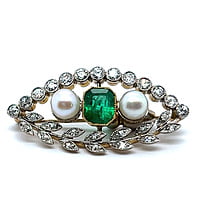 Charming Antique Brooch with Emerald and Old Cut Diamonds Charming Antique Brooch with Emerald and Old Cut Diamonds