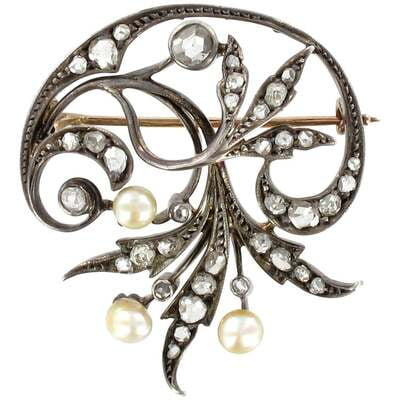 Victorian Floral Brooch with Pearls and Diamonds in Silver and Gold
