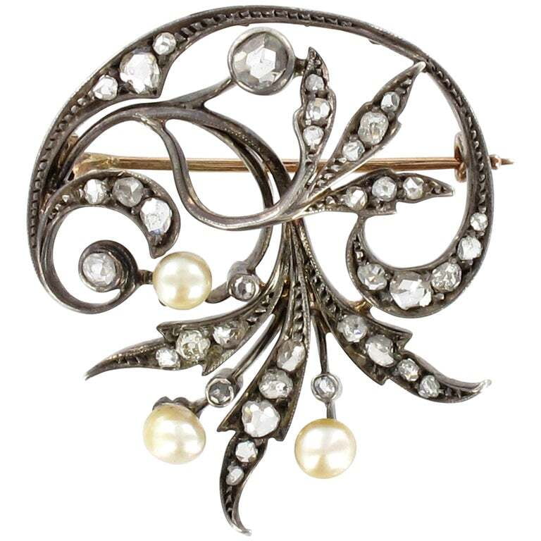 Victorian Floral Brooch with Pearls and Diamonds in Silver and Gold Victorian Floral Brooch with Pearls and Diamonds in Silver and Gold