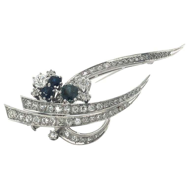 1970s Sapphire and Diamond Brooch in White Gold
