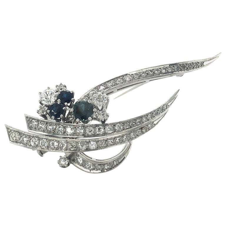 1970s Sapphire and Diamond Brooch in White Gold 1970s Sapphire and Diamond Brooch in White Gold