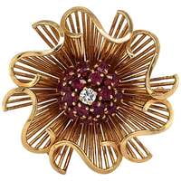 1950s Retro Ruby and Diamond Brooch in Red Gold