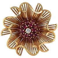 1950s Retro Ruby and Diamond Brooch in Red Gold 1950s Retro Ruby and Diamond Brooch in Red Gold