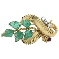 Gübelin Retro Brooch in 18 Karat Gold with Emeralds, Diamonds, and Ruby Gübelin Retro Brooch in 18 Karat Gold with Emeralds, Diamonds, and Ruby