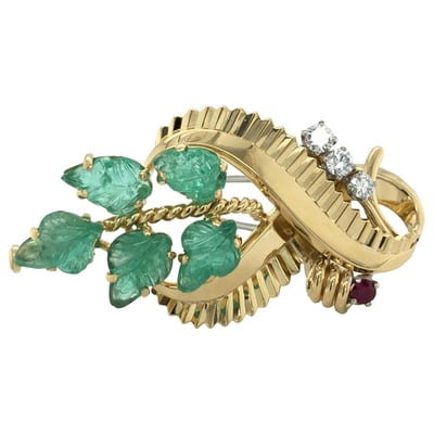 Gübelin Retro Brooch in 18 Karat Gold with Emeralds, Diamonds, and Ruby