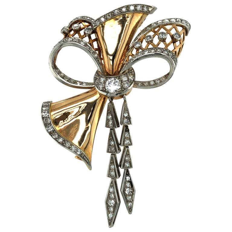 Retro Diamond Bow Brooch in 18 Karat Rose Gold and Platinum 950