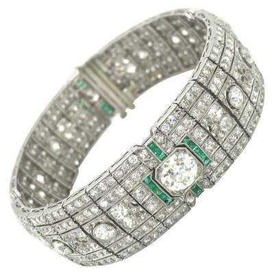 Magnificent Art Deco Diamond and Emerald Bracelet in Platinum by Betteridge