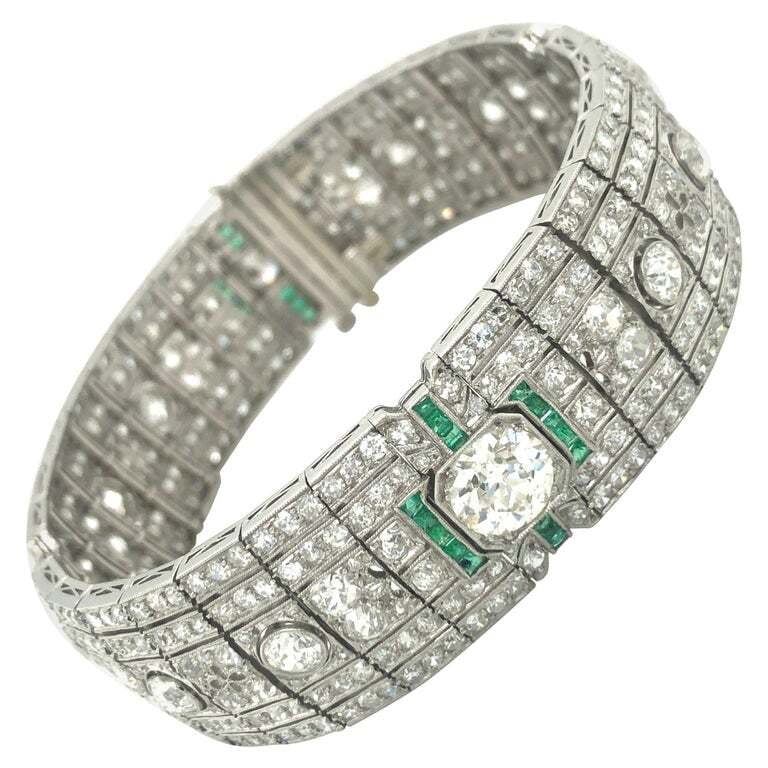 Magnificent Art Deco Diamond and Emerald Bracelet in Platinum by Betteridge Magnificent Art Deco Diamond and Emerald Bracelet in Platinum by Betteridge