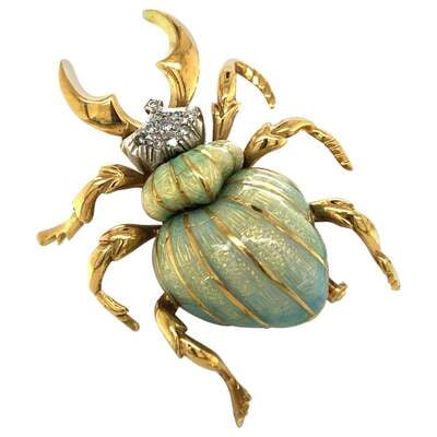 Stunning Enamel and Diamond Beetle Brooch in 18 Karat Yellow and White Gold