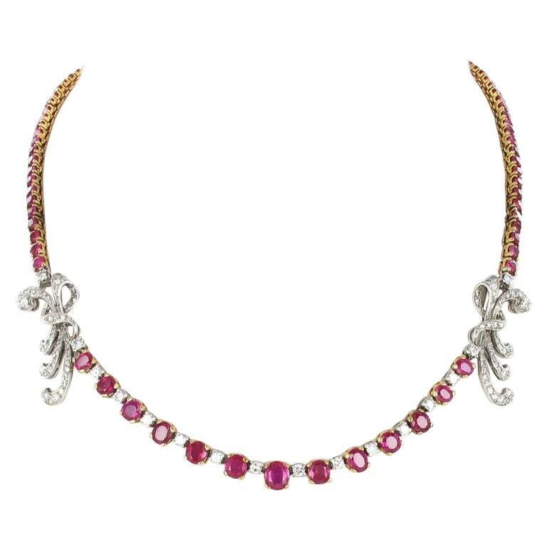 Gorgeous Burmese Ruby and Diamond Necklace in Platinum and 18 Karat Gold