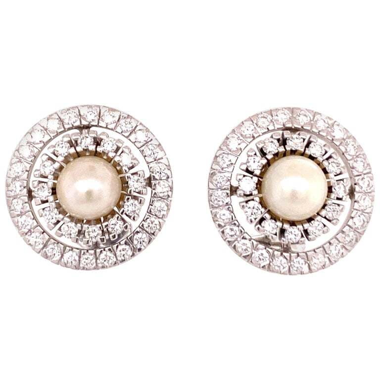 Akoya Cultured Pearl and Diamond Earclips in 18 Karat White Gold Akoya Cultured Pearl and Diamond Earclips in 18 Karat White Gold