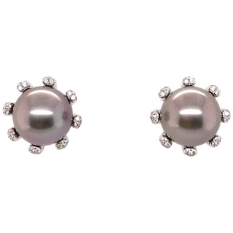 Fabulous Pair of Tahitian Pearls and Diamonds Ear Studs