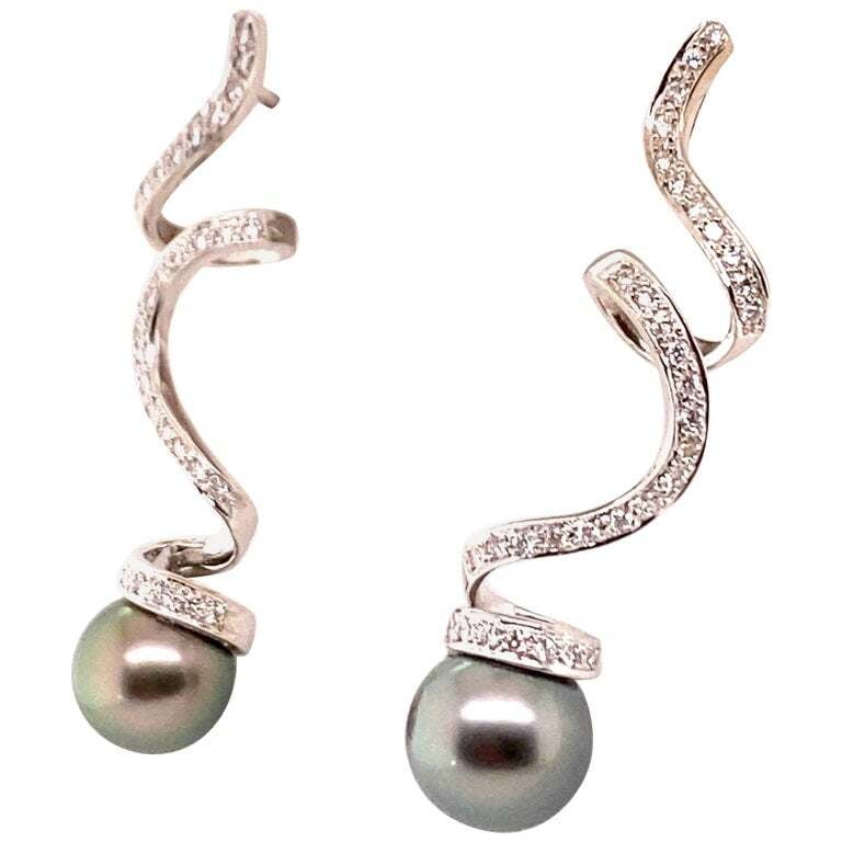 Unique Tahitian Cultured Pearl and Diamond Earstuds in 18 Karat White Gold