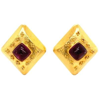 Pink Tourmaline Sugarloaf Earclips with Granulation in 18 Karat Yellow Gold
