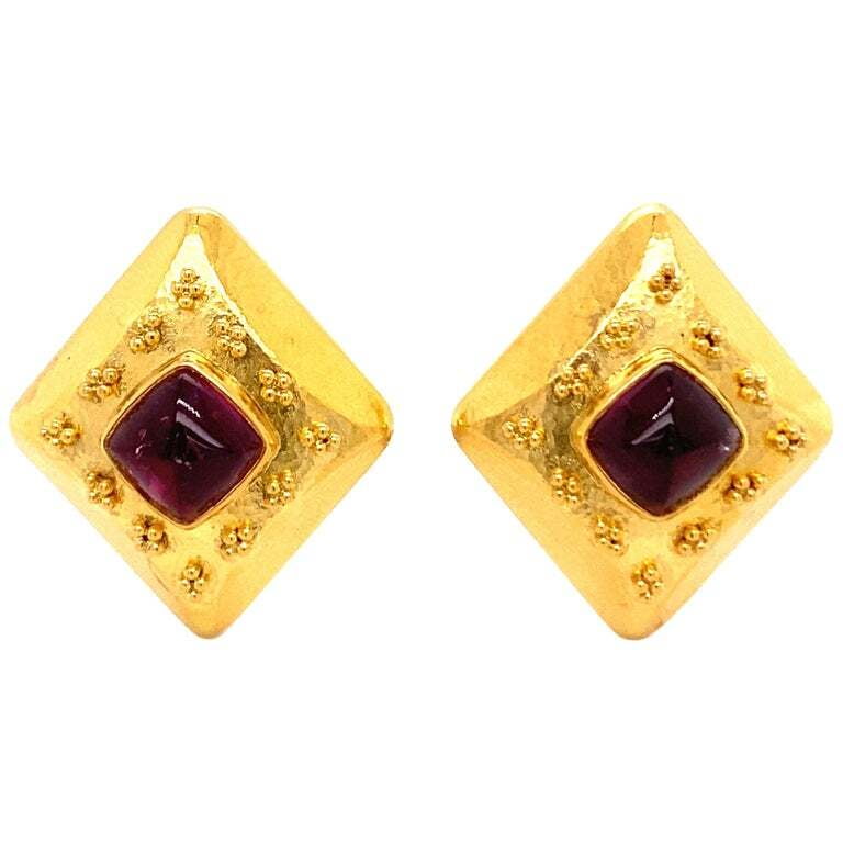 Pink Tourmaline Sugarloaf Earclips with Granulation in 18 Karat Yellow Gold Pink Tourmaline Sugarloaf Earclips with Granulation in 18 Karat Yellow Gold