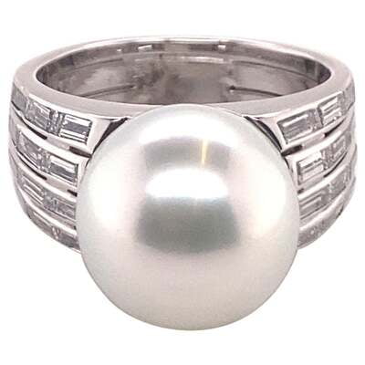 Magnificent Cultured South Sea Pearl and Diamond Ring in White Gold