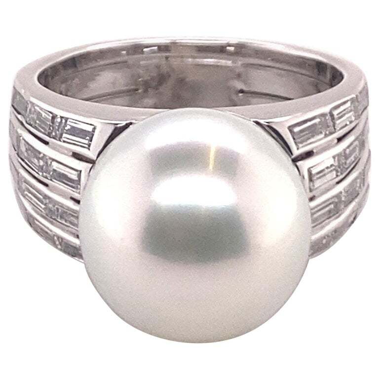 Magnificent Cultured South Sea Pearl and Diamond Ring in White Gold Magnificent Cultured South Sea Pearl and Diamond Ring in White Gold
