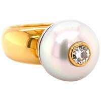 Unique South Sea Pearl and Diamond Ring in Yellow and White Gold