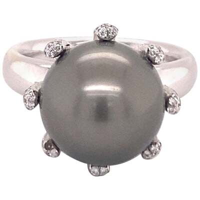 Fabulous Tahitian Pearl and Diamond Ring in White Gold