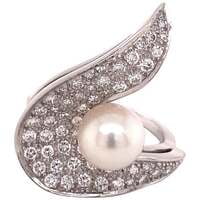 Modern Akoya Cultured Pearl and Diamond Ring in 18 Karat Gold