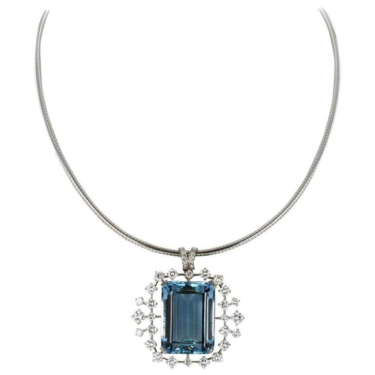 Aquamarine and Diamond Pendant/Brooch in 18 Karat White Gold by J. F. Neukomm