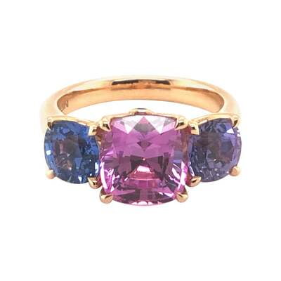 Spectacular Fancy Sapphire Trilogy Ring by Gübelin in 18 Karat Rose Gold