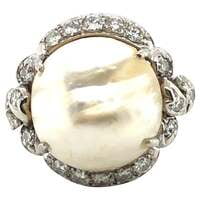 Natural Pearl and Diamond Ring ca. 1950 Natural Pearl and Diamond Ring ca. 1950