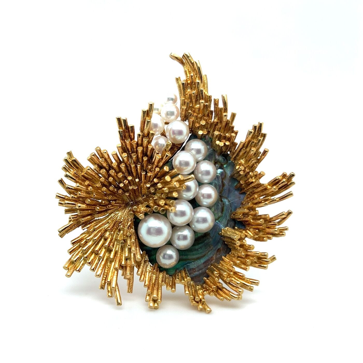 Gübelin Brooch with Abalone and Cultural Pearls in 18 Karat Yellow Gold