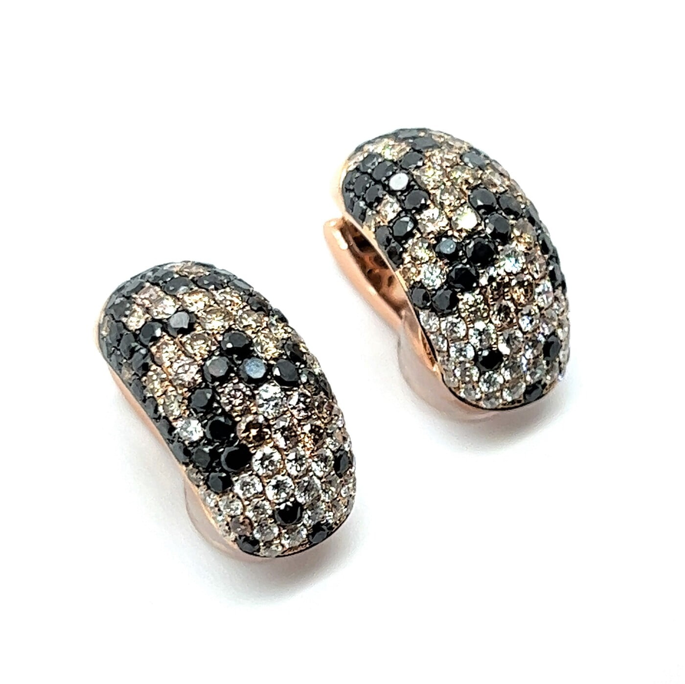 Earrings with White, Black and Champange Diamonds in 18 Karat Red Gold Earrings with White, Black and Champange Diamonds in 18 Karat Red Gold