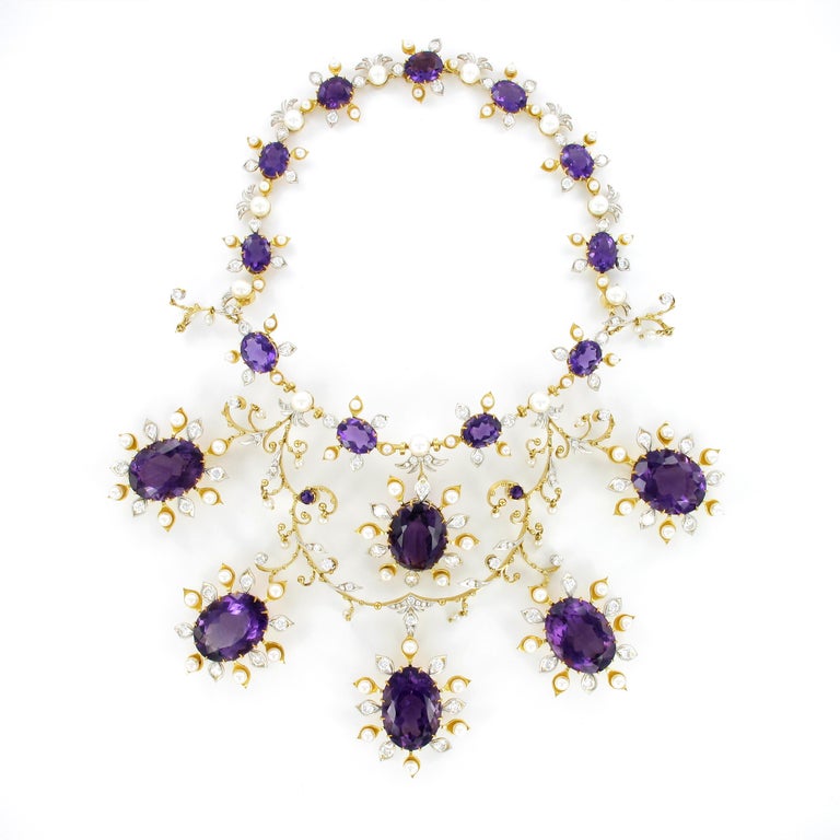 Spectacular Amethyst, Diamond and Pearl Suite in Yellow and White Gold Spectacular Amethyst, Diamond and Pearl Suite in Yellow and White Gold