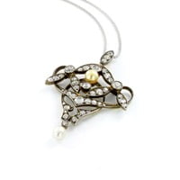 Antique Diamond and Natural Pearl Pendant Silver on Gold Antique Diamond and Natural Pearl Pendant Silver on Gold