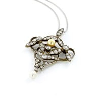 Antique Diamond and Natural Pearl Pendant Silver on Gold