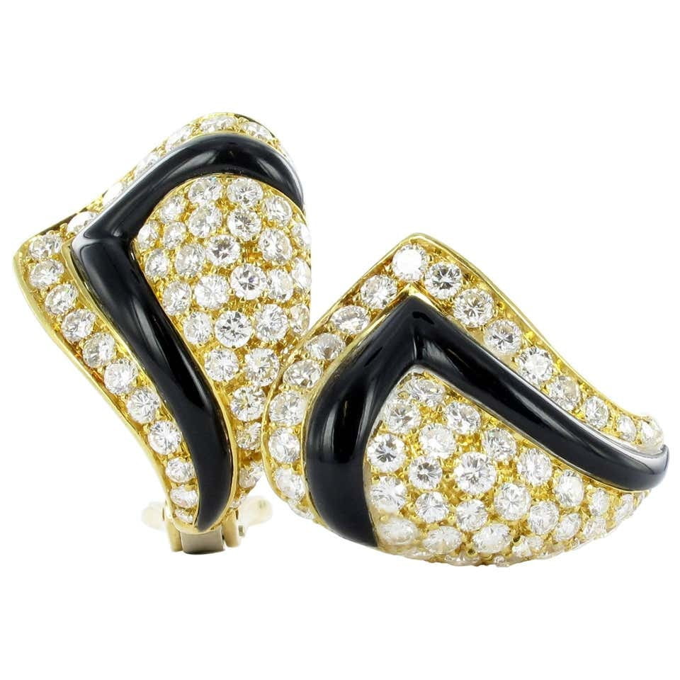 Pair of 18 Karat Gold, Black Chalcedony Diamond Earclips