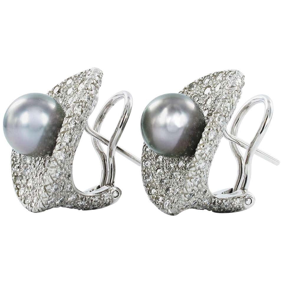 Fabulous Tahitian Cultured Pearl Diamond Earclips