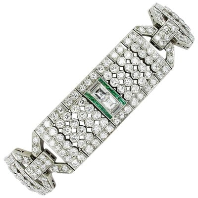 Magnificent Emerald and Diamond Platinum Art Deco Bracelet