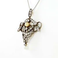 Antique Diamond and Natural Pearl Pendant Silver on Gold Antique Diamond and Natural Pearl Pendant Silver on Gold