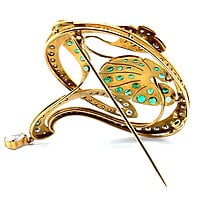 Charming Brooch in 18 Karat Yellow Gold with Emeralds and Diamonds