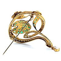 Charming Brooch in 18 Karat Yellow Gold with Emeralds and Diamonds Charming Brooch in 18 Karat Yellow Gold with Emeralds and Diamonds
