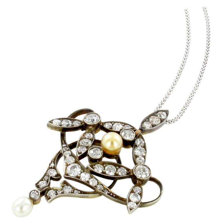 Antique Diamond and Natural Pearl Pendant Silver on Gold