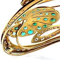 Charming Brooch in 18 Karat Yellow Gold with Emeralds and Diamonds Charming Brooch in 18 Karat Yellow Gold with Emeralds and Diamonds