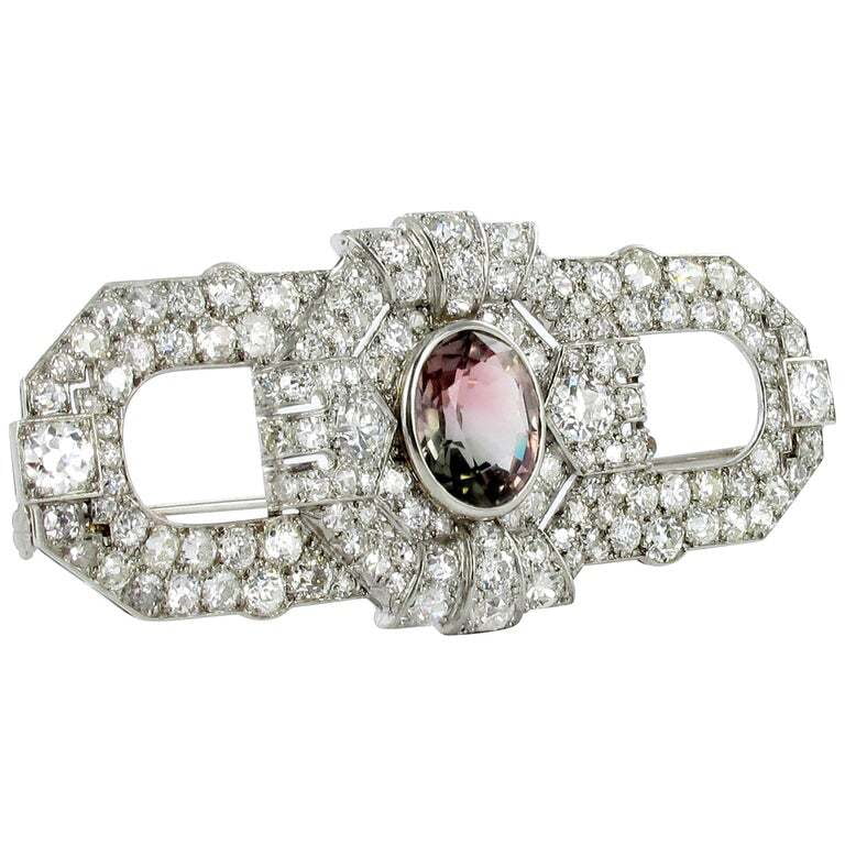 Art Deco Tourmaline and Diamond Platinum Brooch