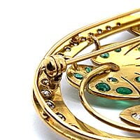 Charming Brooch in 18 Karat Yellow Gold with Emeralds and Diamonds