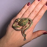 Charming Brooch in 18 Karat Yellow Gold with Emeralds and Diamonds Charming Brooch in 18 Karat Yellow Gold with Emeralds and Diamonds