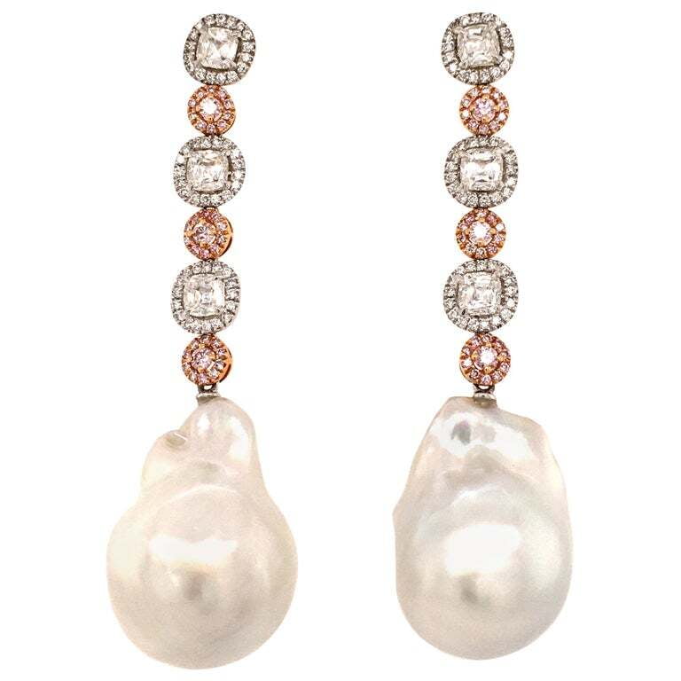 Stunning Baroque South Sea Cultured Pearl Earstuds with Fancy Colored Diamonds Stunning Baroque South Sea Cultured Pearl Earstuds with Fancy Colored Diamonds