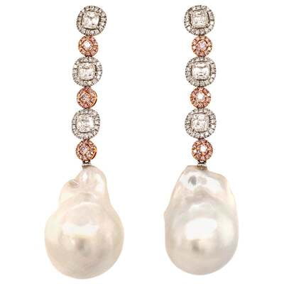 Stunning Baroque South Sea Cultured Pearl Earstuds with Fancy Colored Diamonds