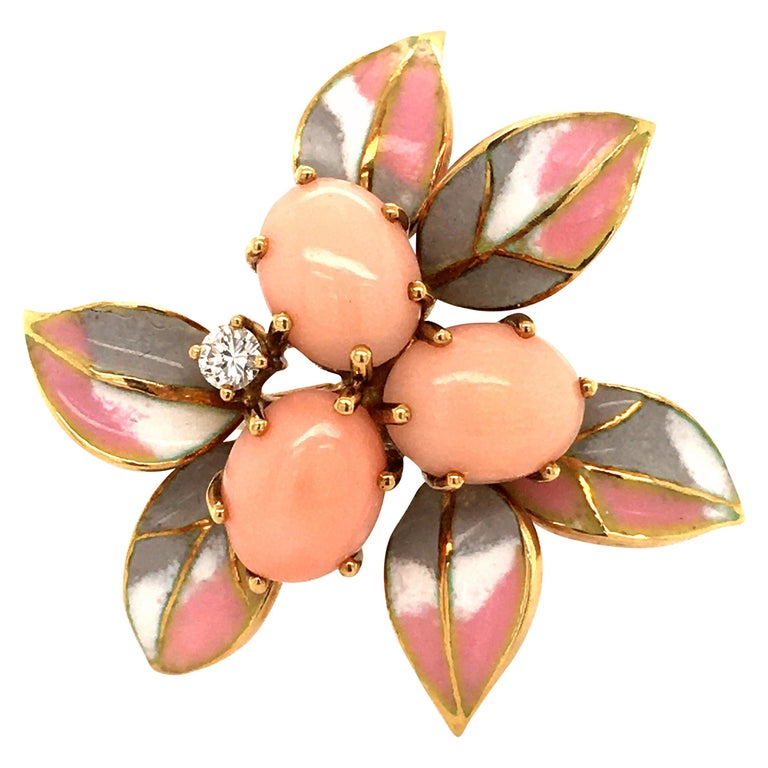 Lovely Coral and Diamond Enamel Brooch in 18 Karat Yellow Gold